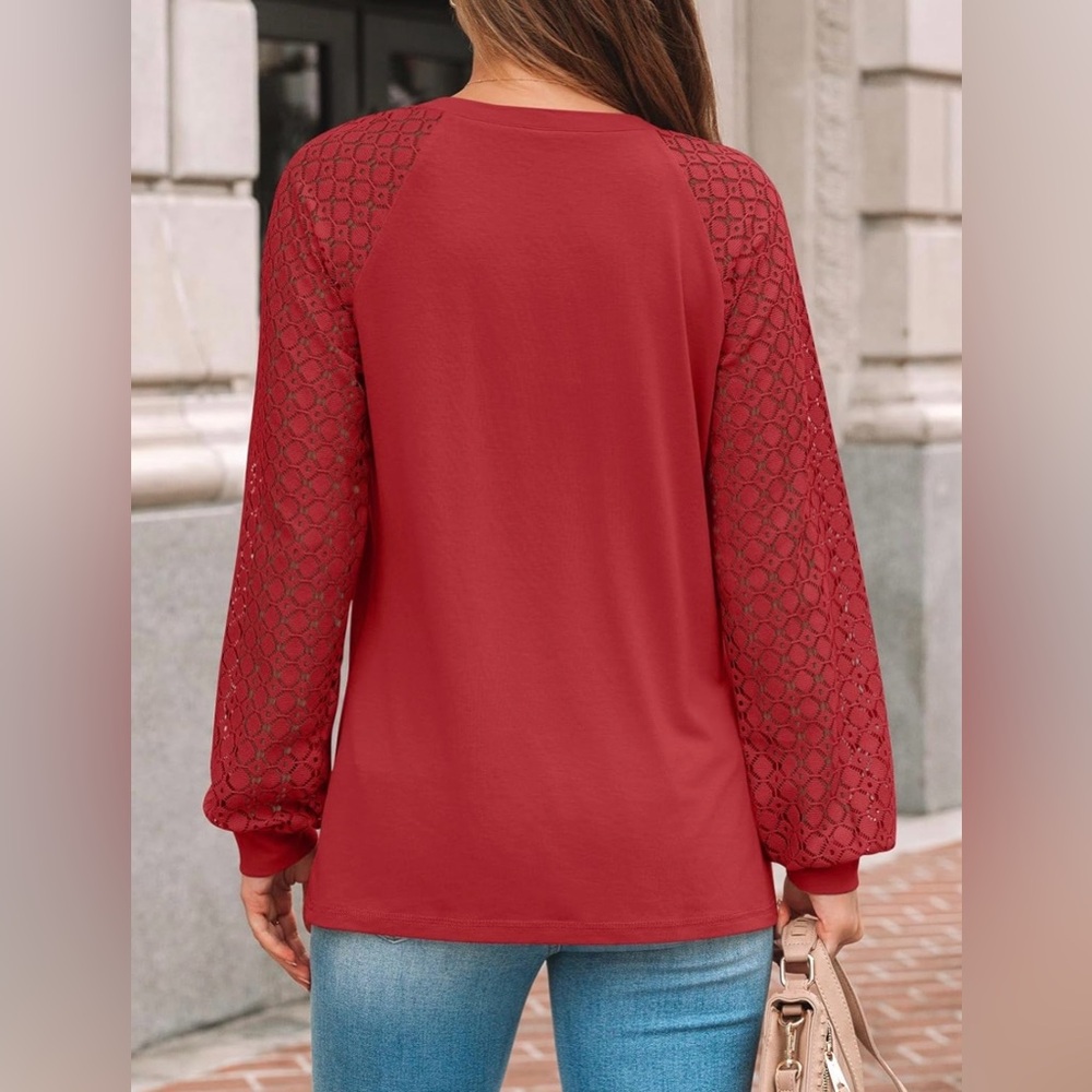 Elegant Red Lace Sleeve Top Large - Picture 4 of 6